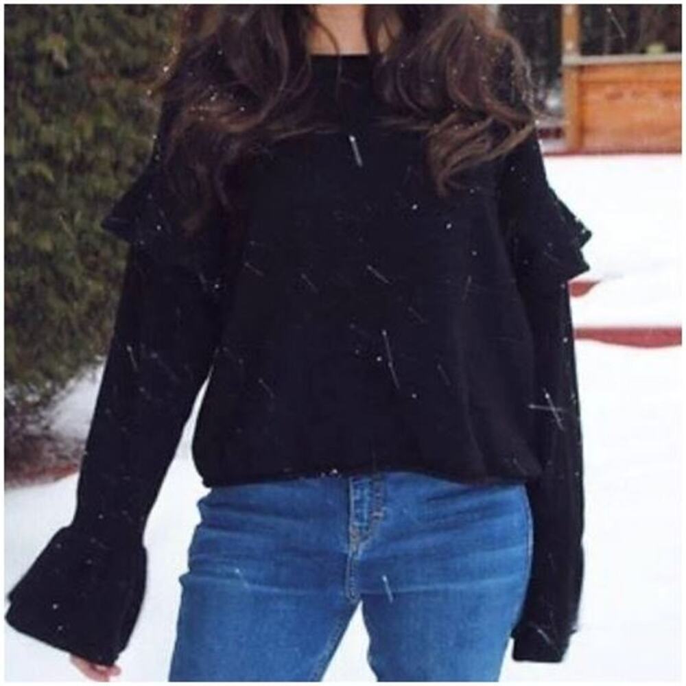 Zara Knit Black Flounce Sweater Bell Cuff Ruffle Shoulder Black Women Size Small - Picture 11 of 12